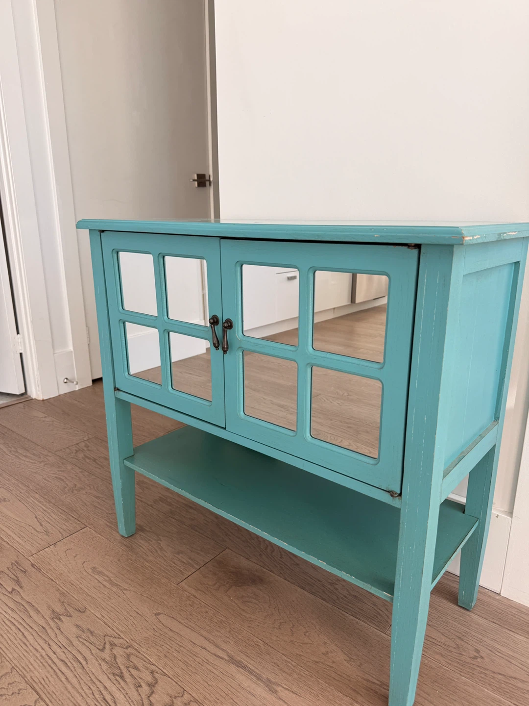 Retro Teal Wooden Cabinet with Mirrored Doors - photo 2