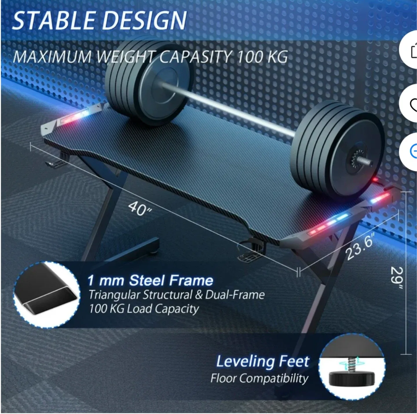 40 inch Gaming Desk with LED Lights image indicator(2)