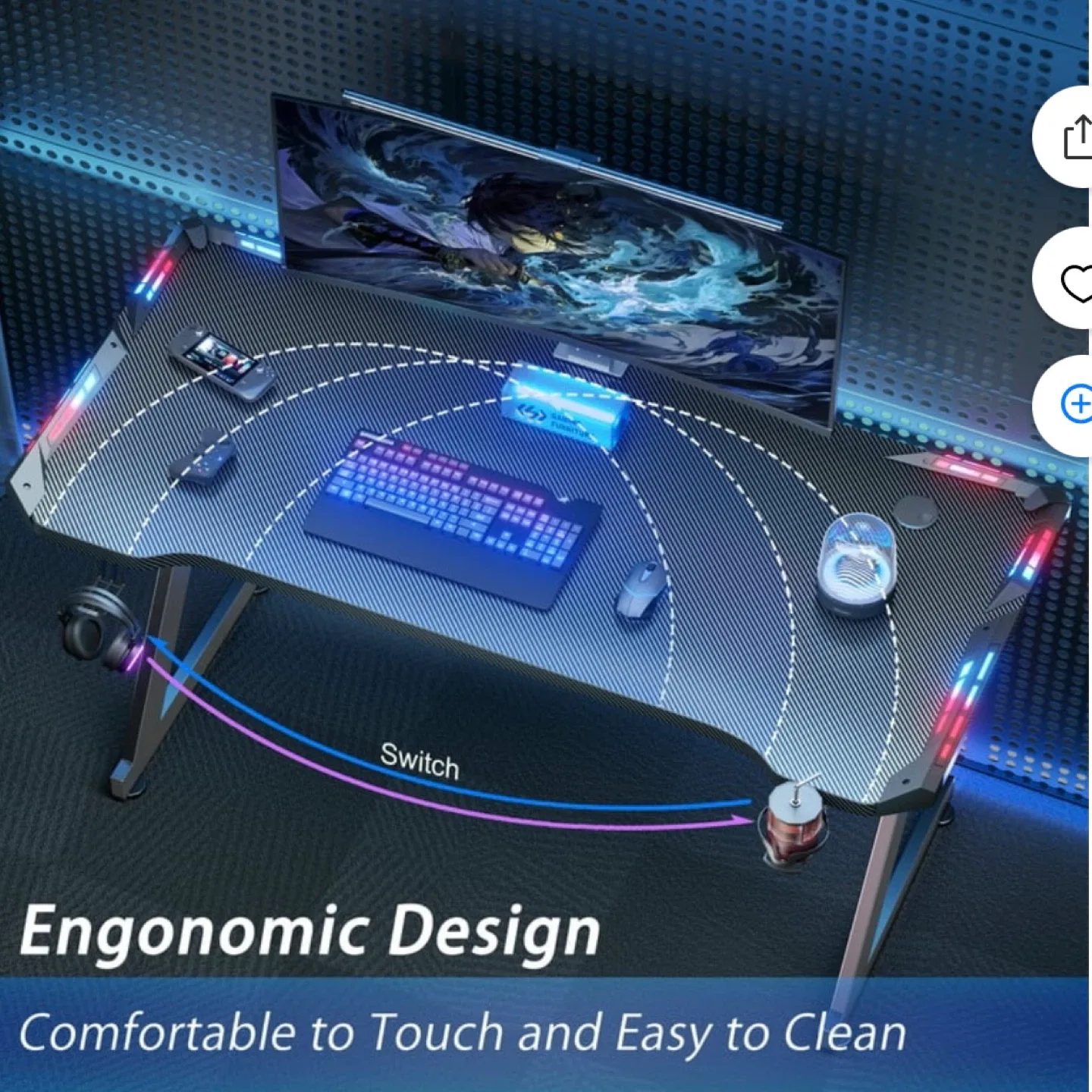 40 inch Gaming Desk with LED Lights image indicator(6)