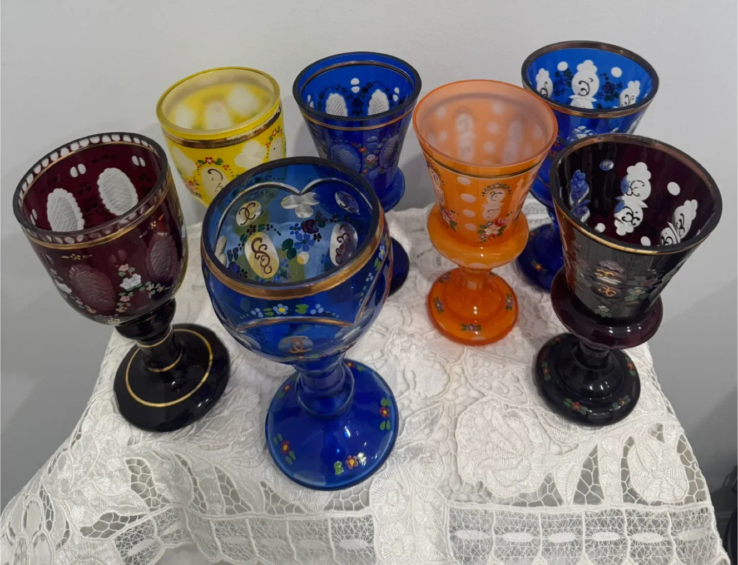 Set of 7 Bohemian Crystal Wine Glasses thumbnail