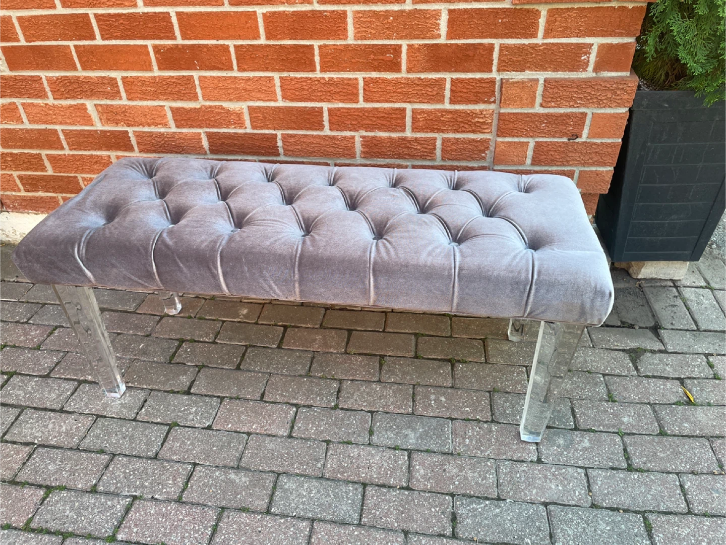 Grey Velvet Tufted Bench with Acrylic Legs