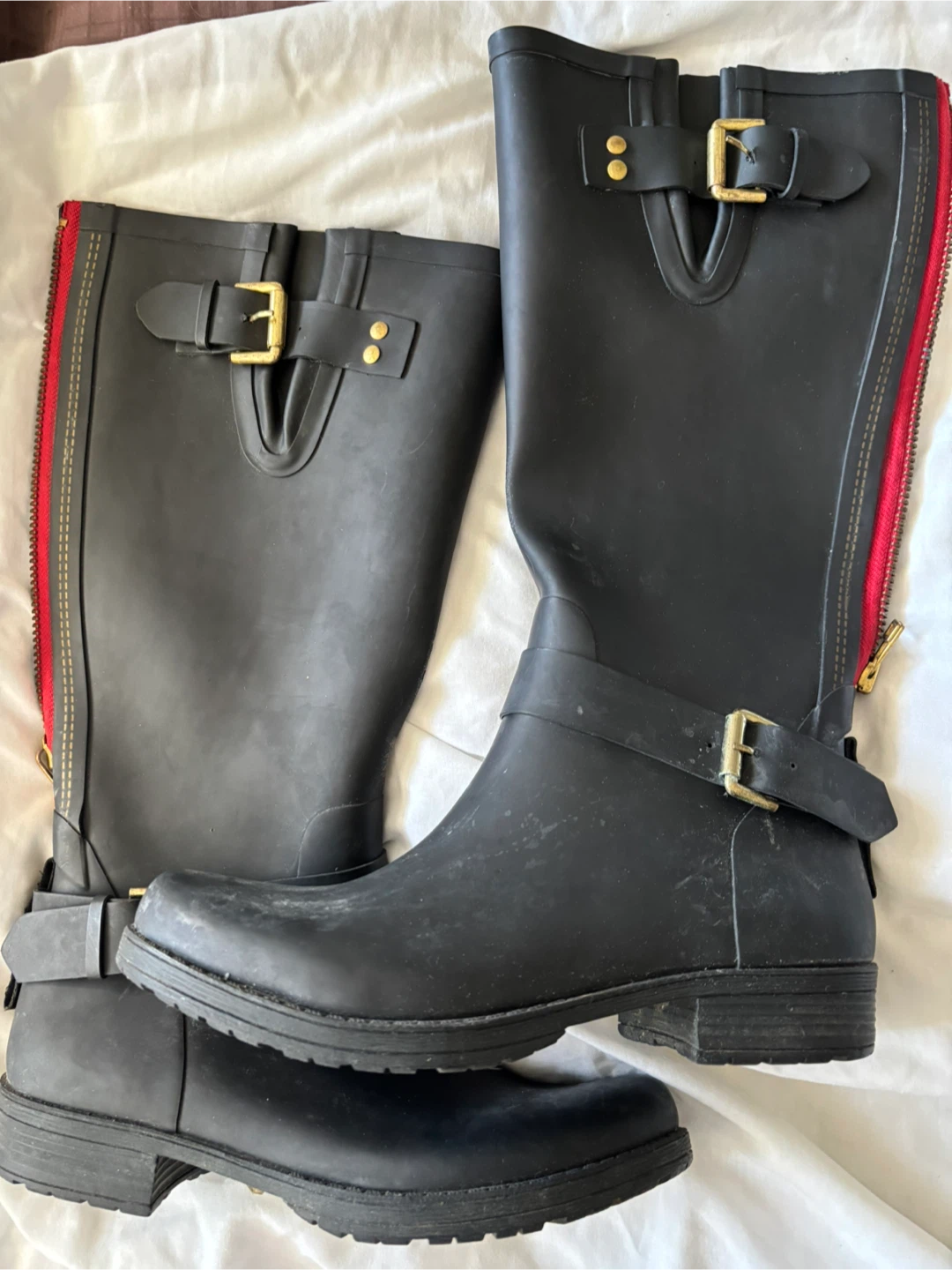 Black Rain Boots with Red Zipper
