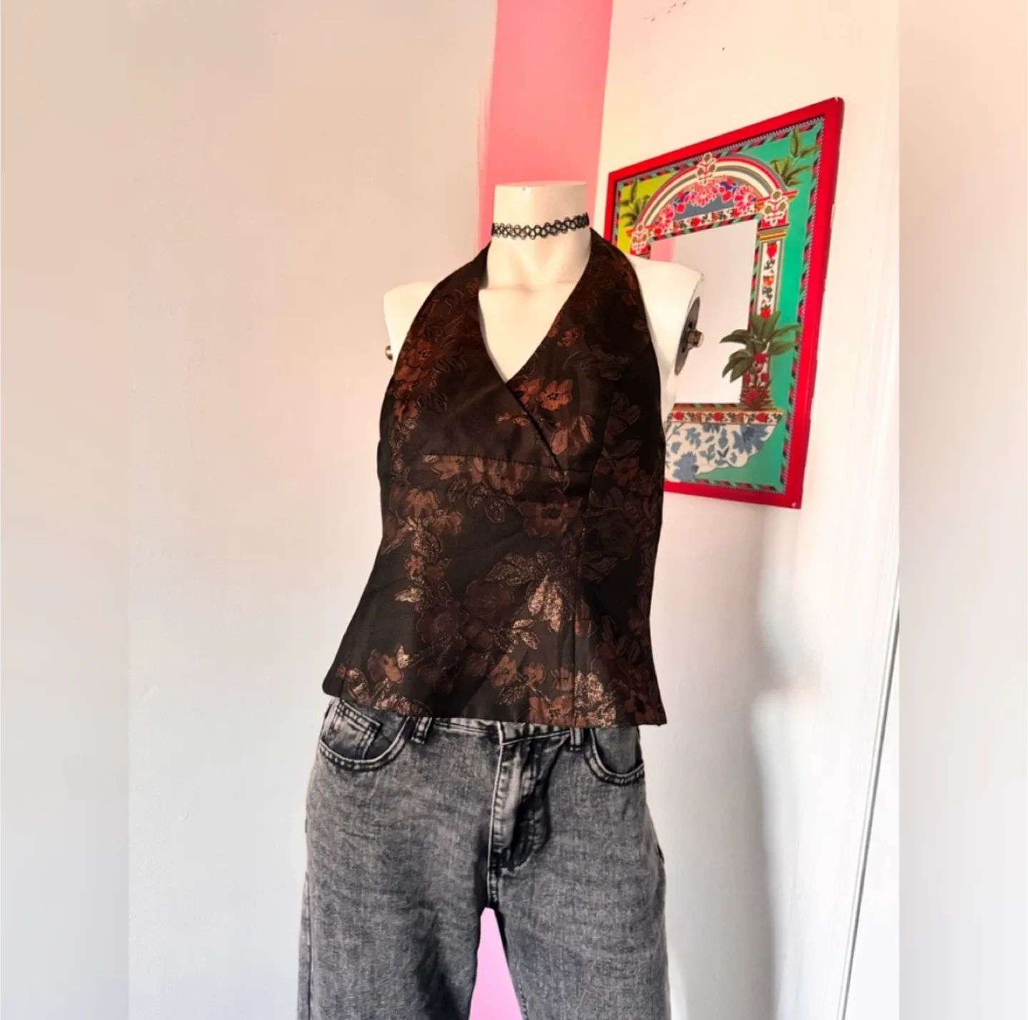 Brown and gold floral print halter top thumbnail