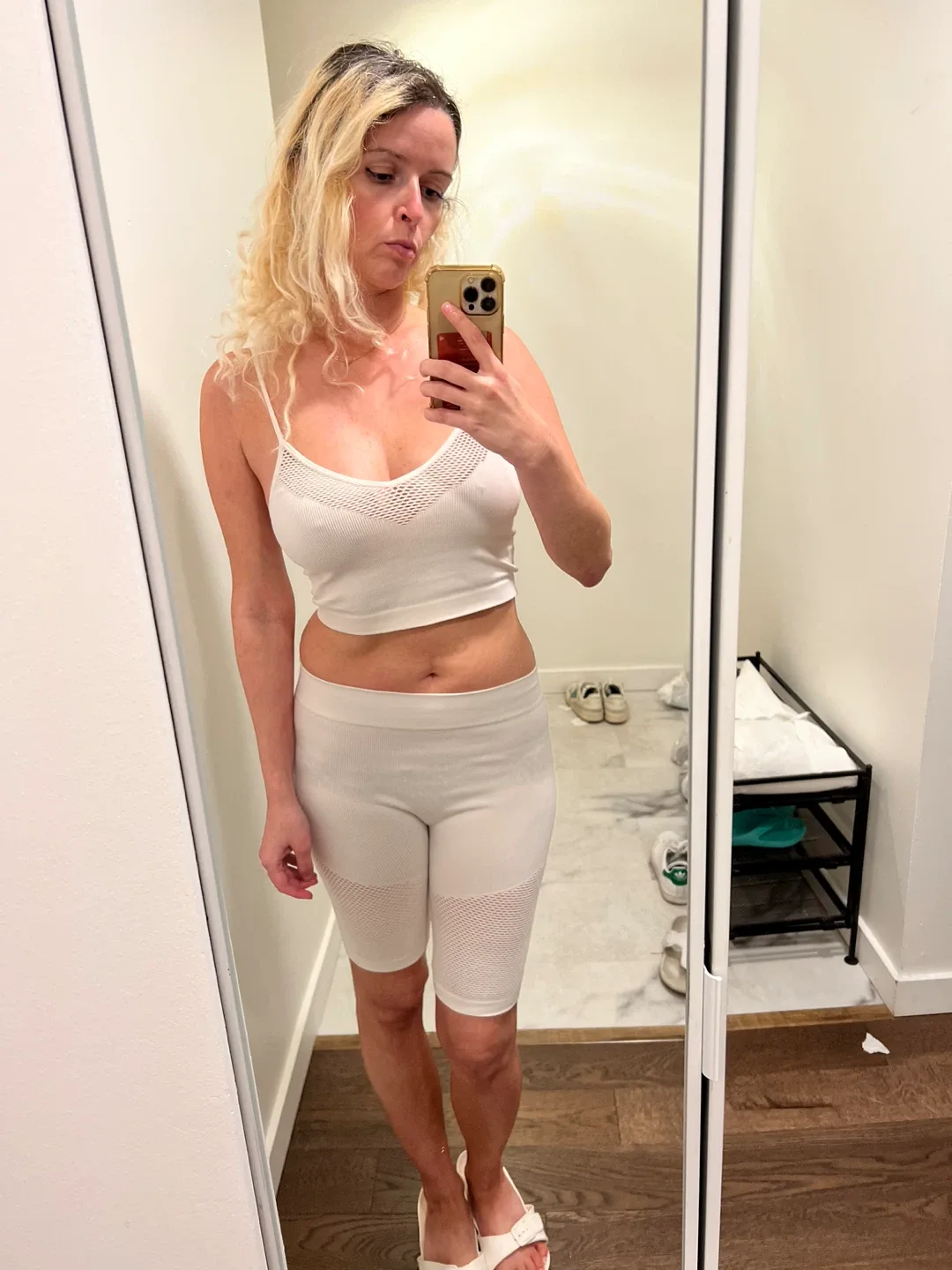 Top and bike shorts white gym sport set image indicator(2)