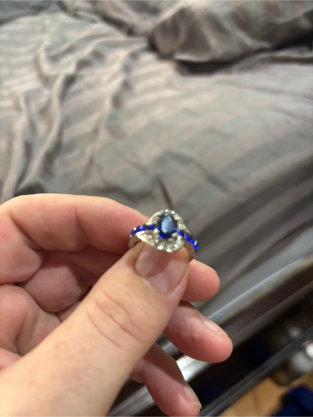Silver Ring with  oval Blue Stone Moissanite