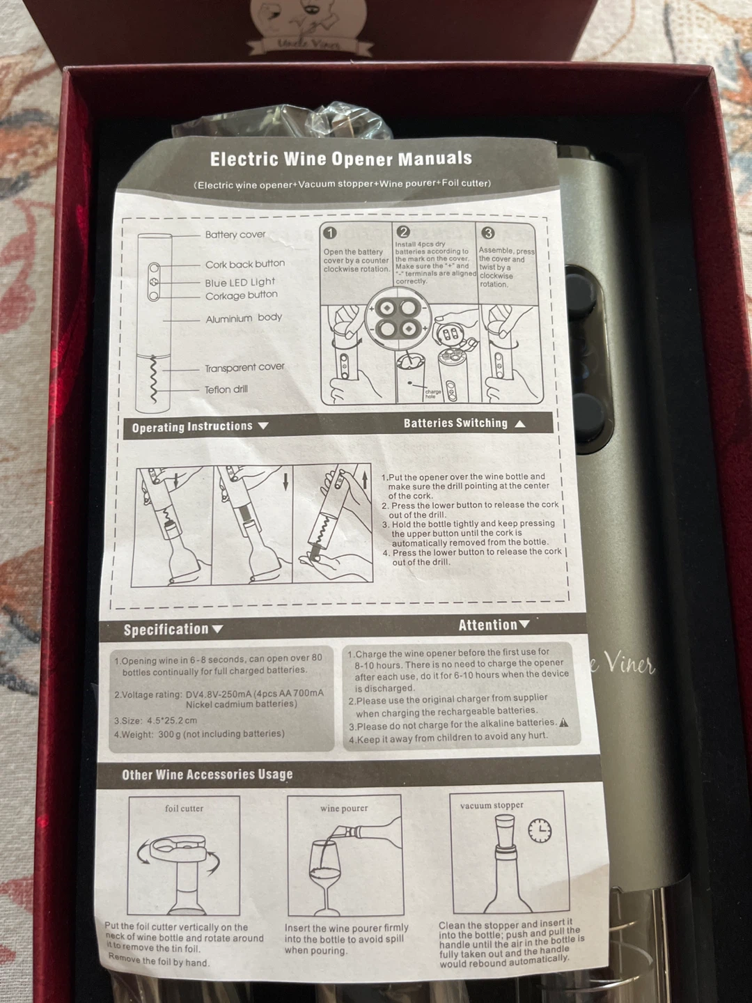 Uncle Viner Electric Wine Opener Set (New) - photo 3