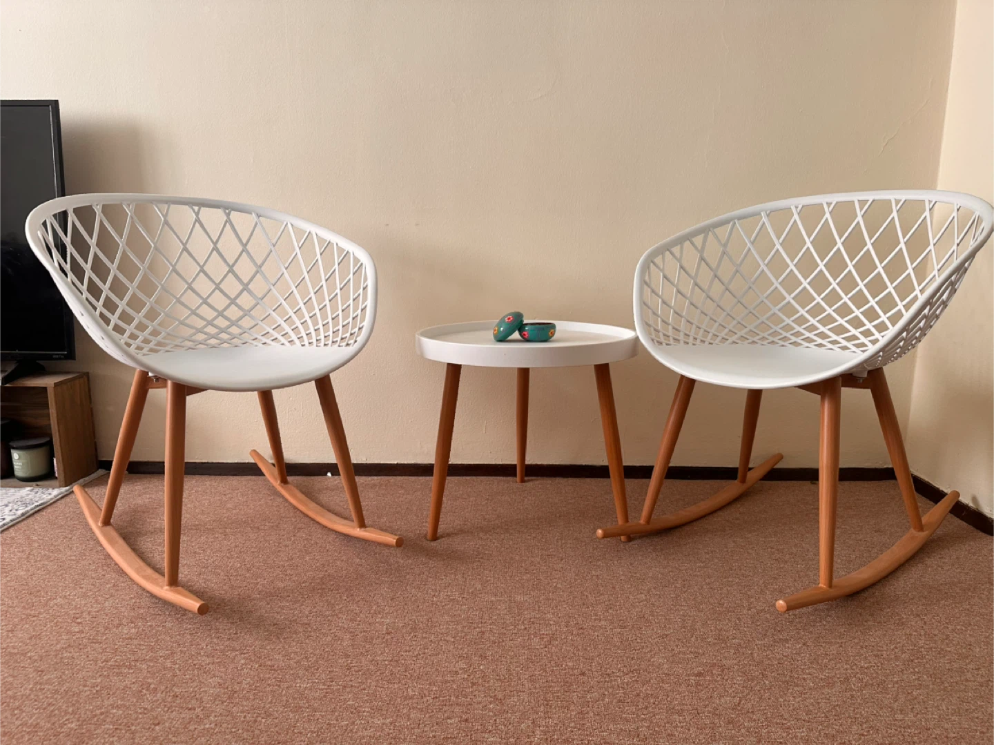 White Rocking Accent Chairs & Round Side Table Set - photo 2
