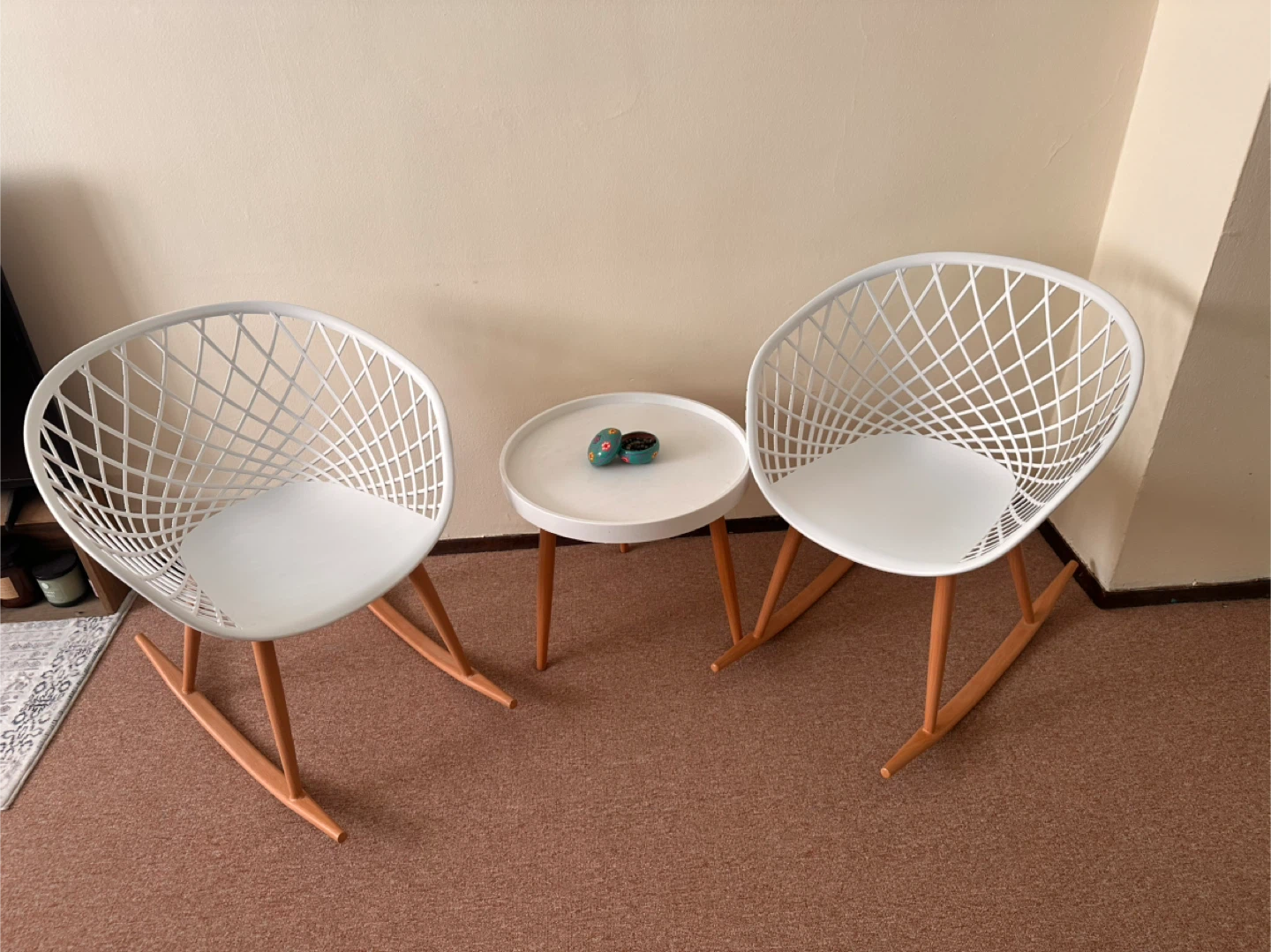 White Rocking Accent Chairs & Round Side Table Set