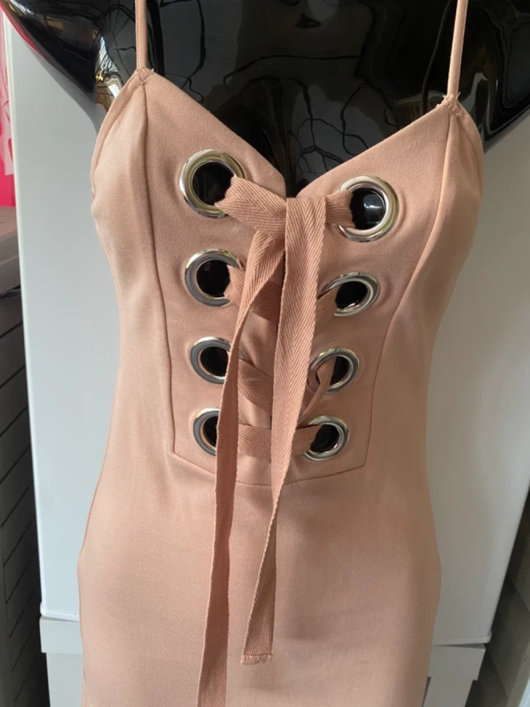 Size 4 Blush Pink Eyelet Lace-Up Mini Dress image indicator(2)