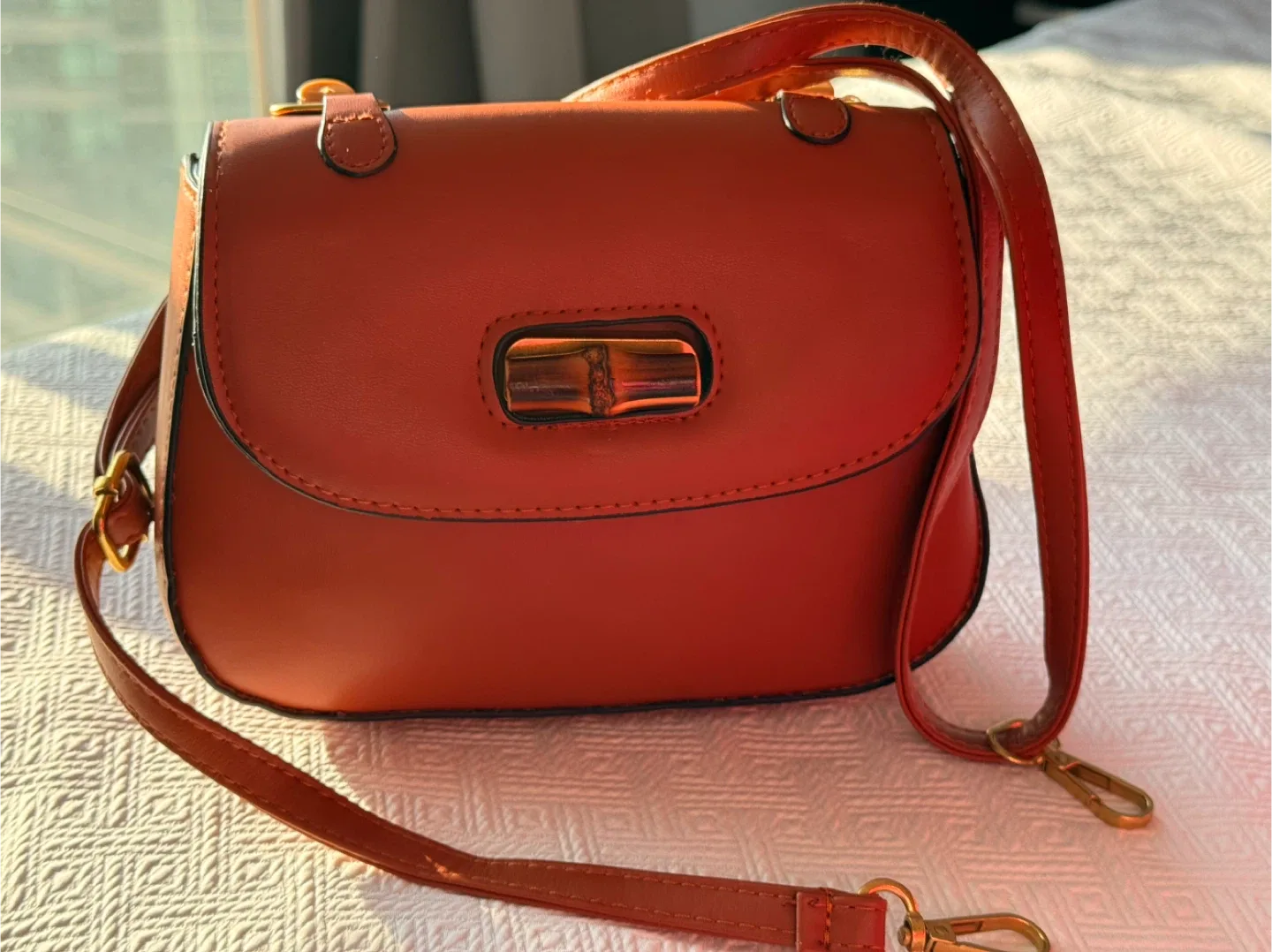 Orange Satchel Purse with Bamboo Handle image indicator(3)