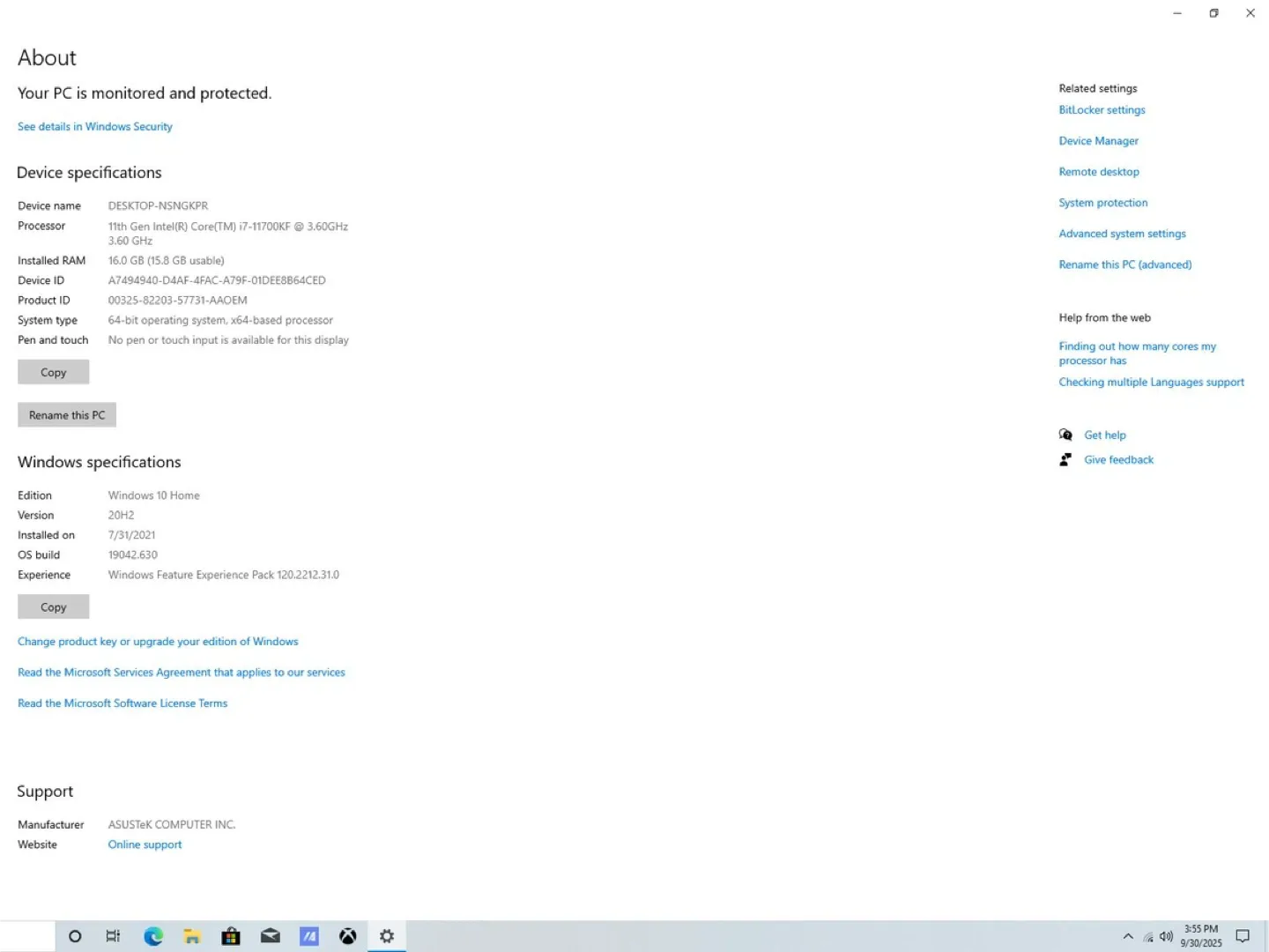 ASUS Gaming RTX3080 Intel Core i7 11700KF 3.6 HGz 16GB NVIDIA image indicator(8)