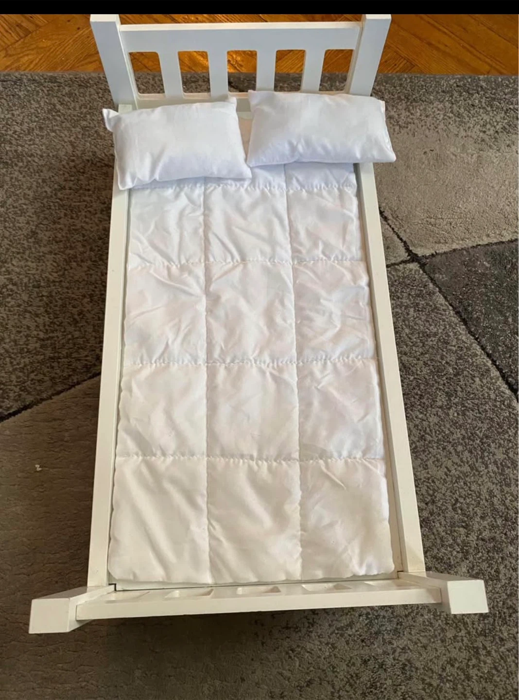 White Wooden doll Bed with Mattress and Pillow
