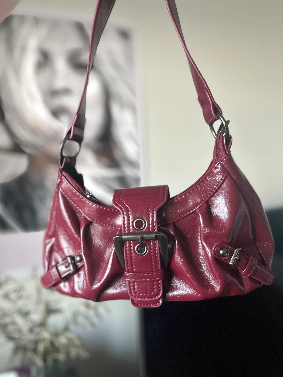 Burgundy Buckle Detail Shoulder Bag