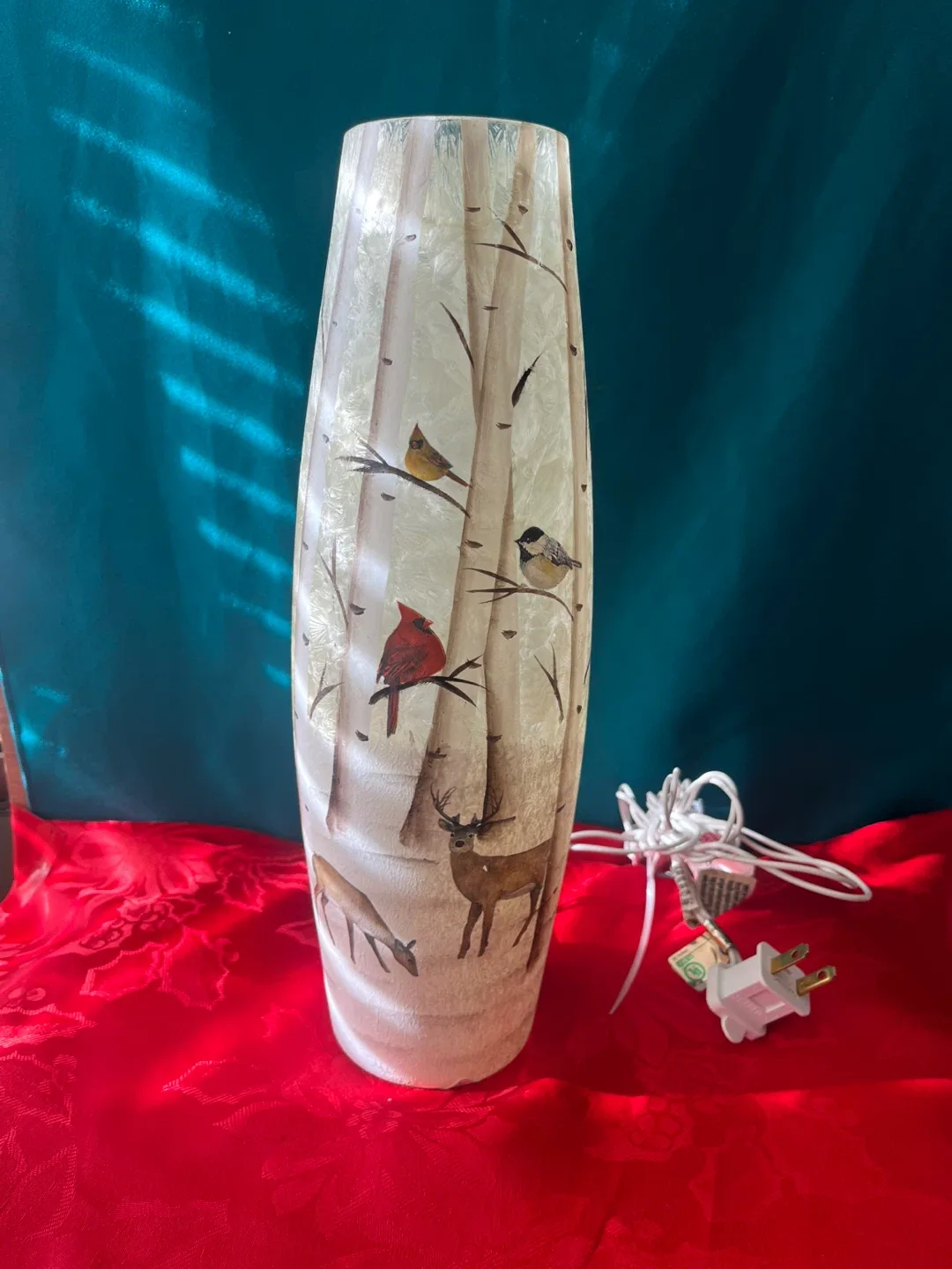 Retro Birch Tree Themed Vase Lamp with Cardinals & Deer
