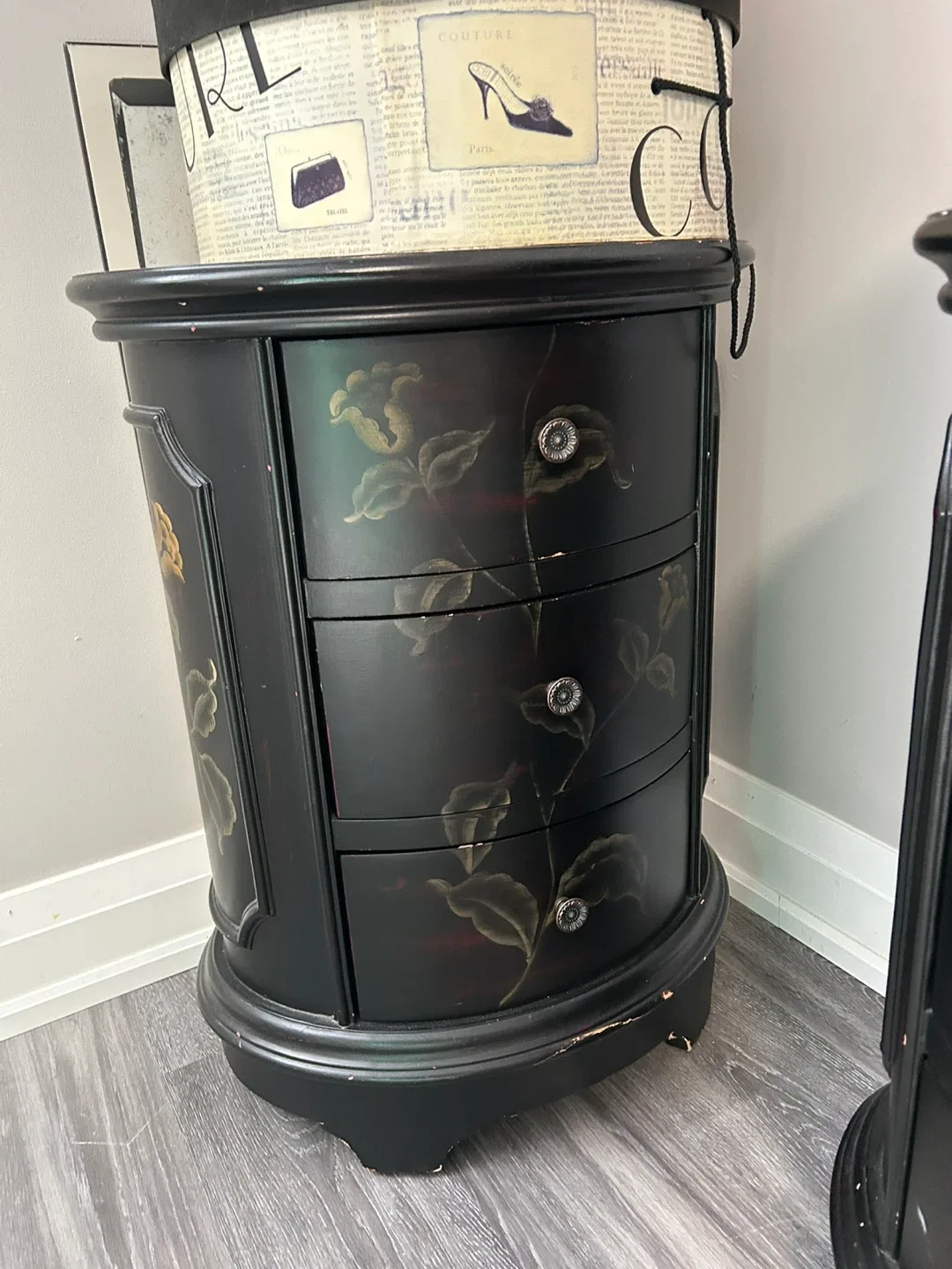 Black Floral Nightstand with 3 Drawers thumbnail