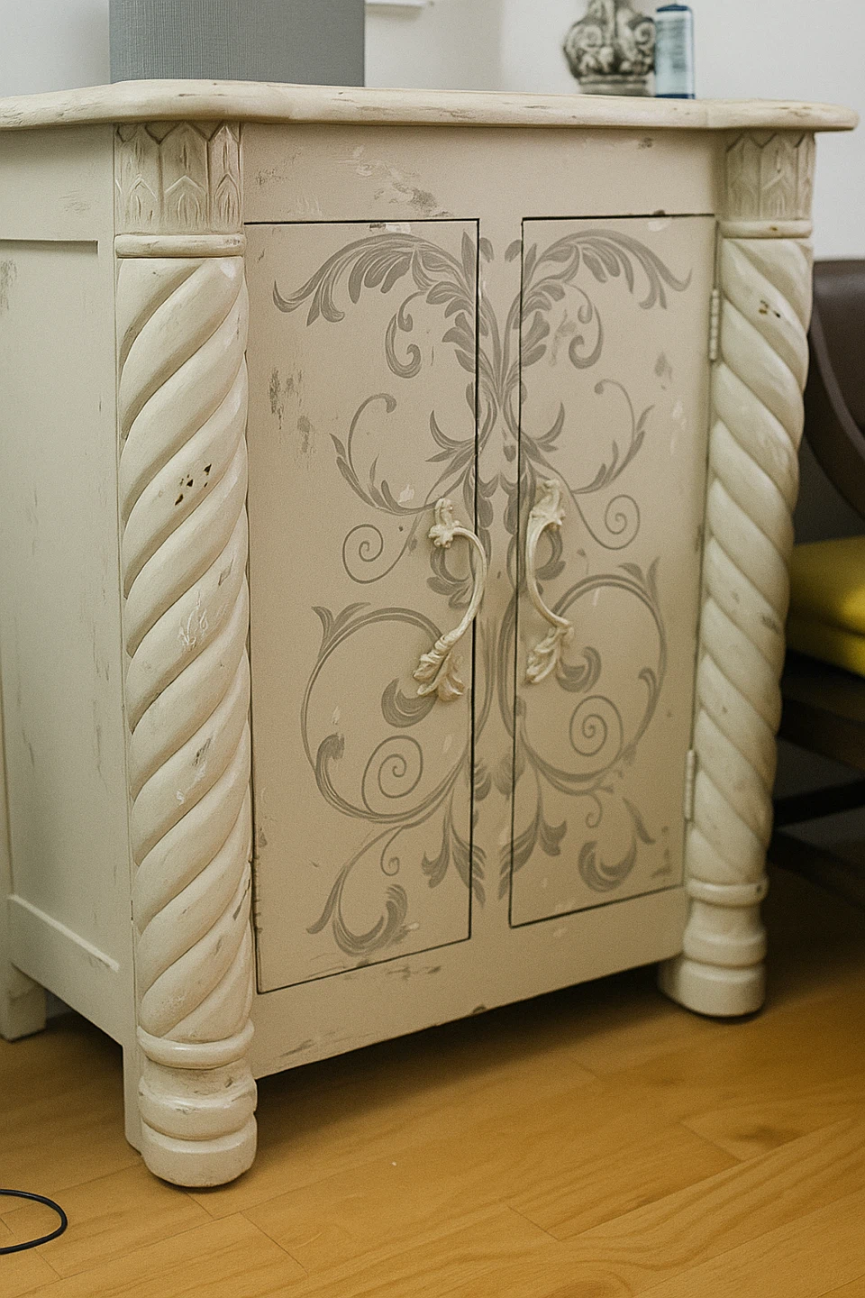 Distressed White Cabinet with Floral Design - photo 2