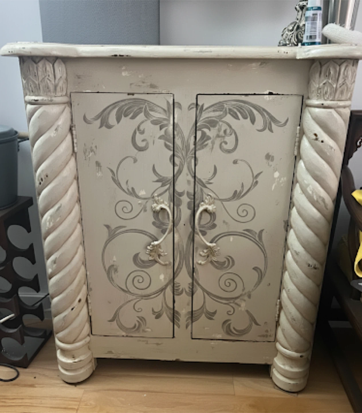 Distressed White Cabinet with Floral Design - photo 3