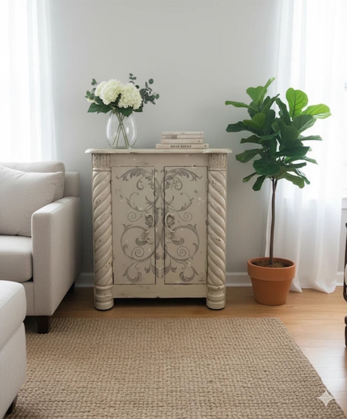 Distressed White Cabinet with Floral Design