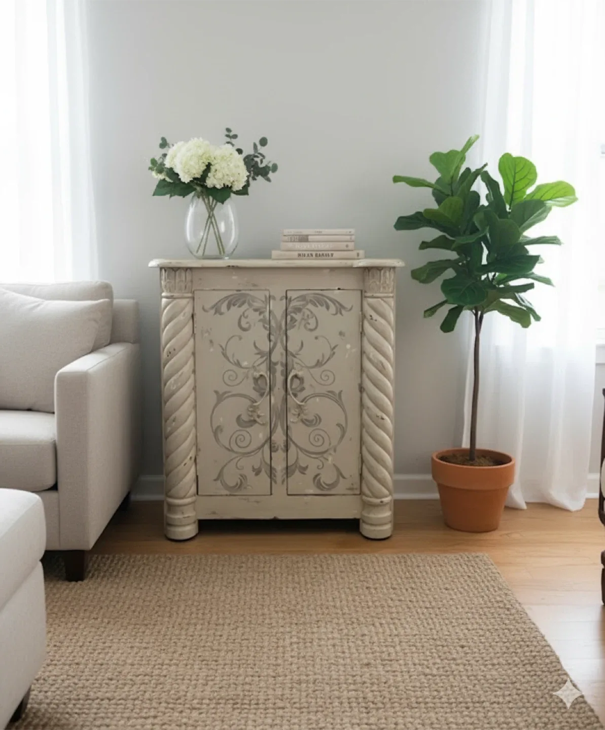 Distressed White Cabinet with Floral Design thumbnail