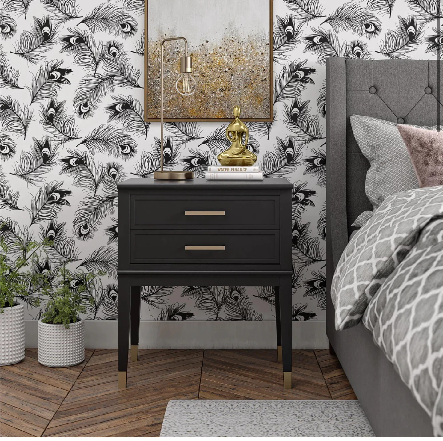 Black Nightstand with Gold Accents