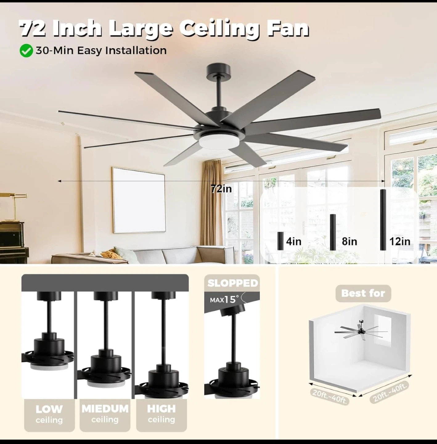 72 Inch Large Ceiling Fan with light and remote control - photo 2