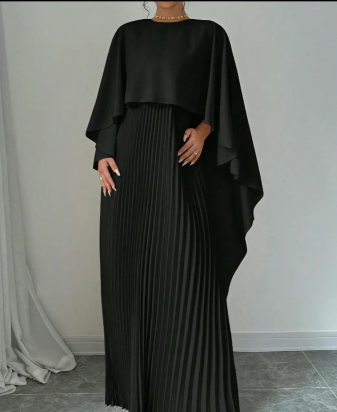 Black Pleated Dress with Cape thumbnail