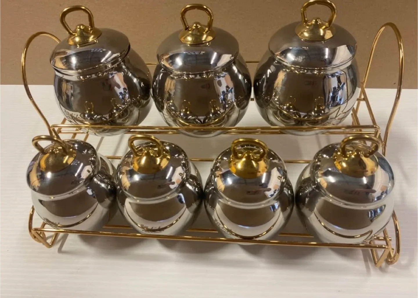 Luxury Metal Spice Jar Set – 6 Pieces with Gold Plated Stand image indicator(4)