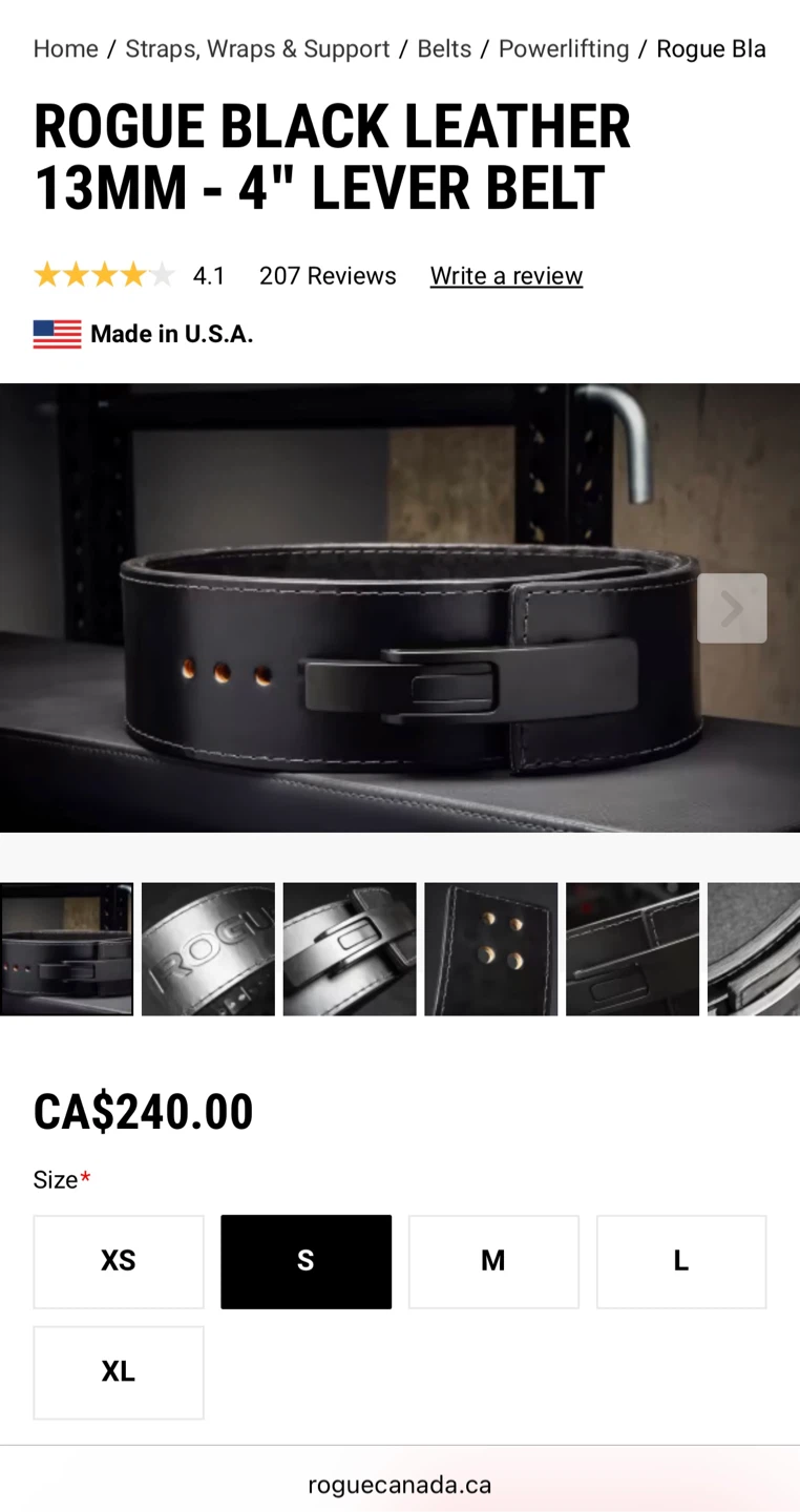 Rogue Black Leather 13mm - 4” Lever Belt (Size S)