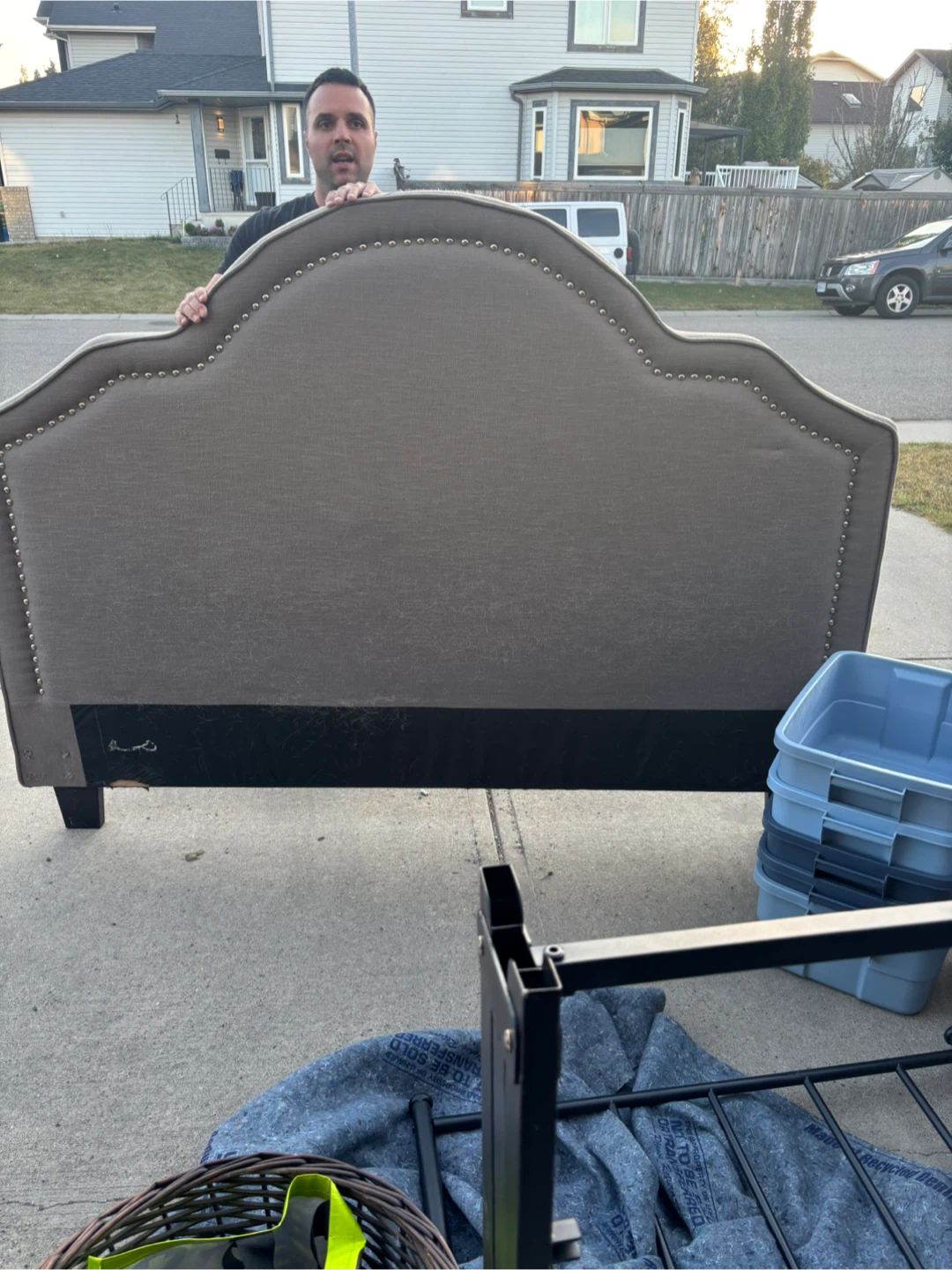 King size Upholstered Headboard - Grey with Nailhead Trim