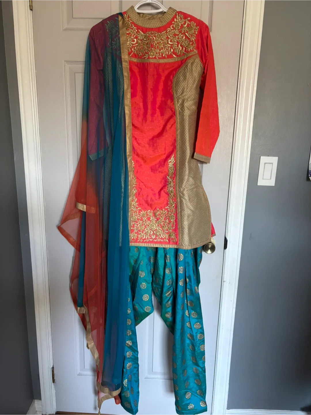 Salwar Kameez Suit - Orange & Blue image indicator(2)