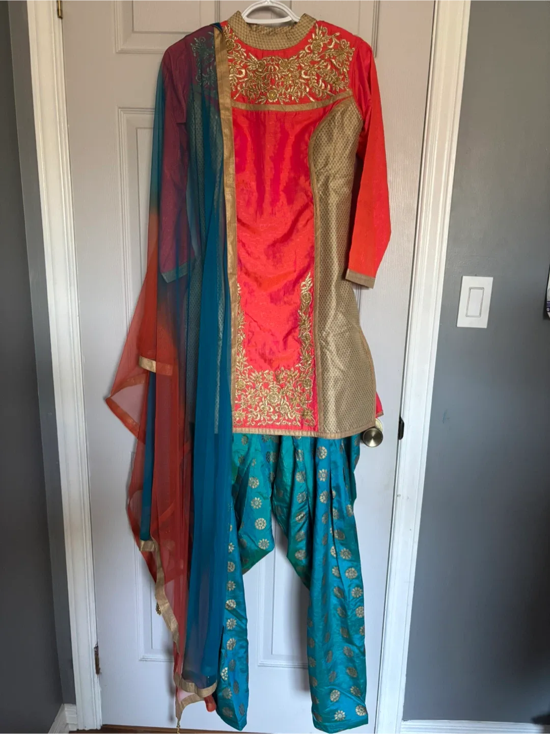 Salwar Kameez Suit - Orange & Blue image indicator(3)