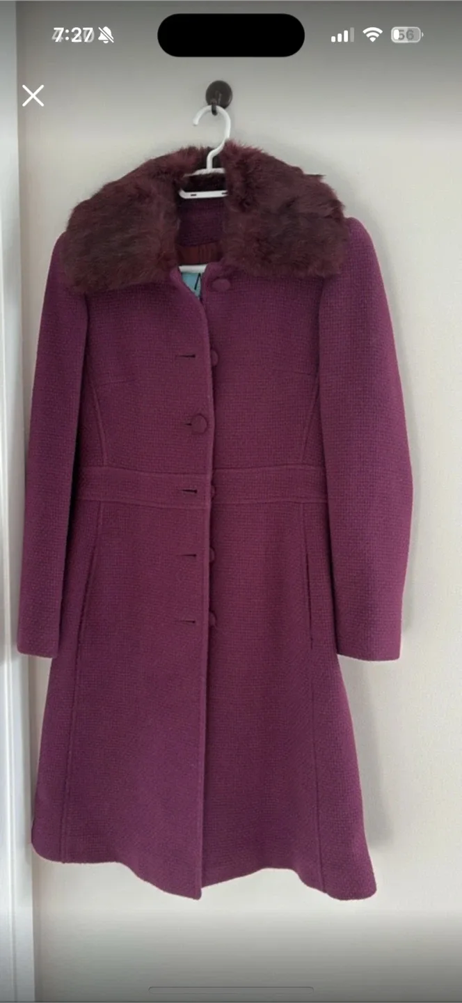Purple Wool Blend Coat with Faux Fur Collar thumbnail