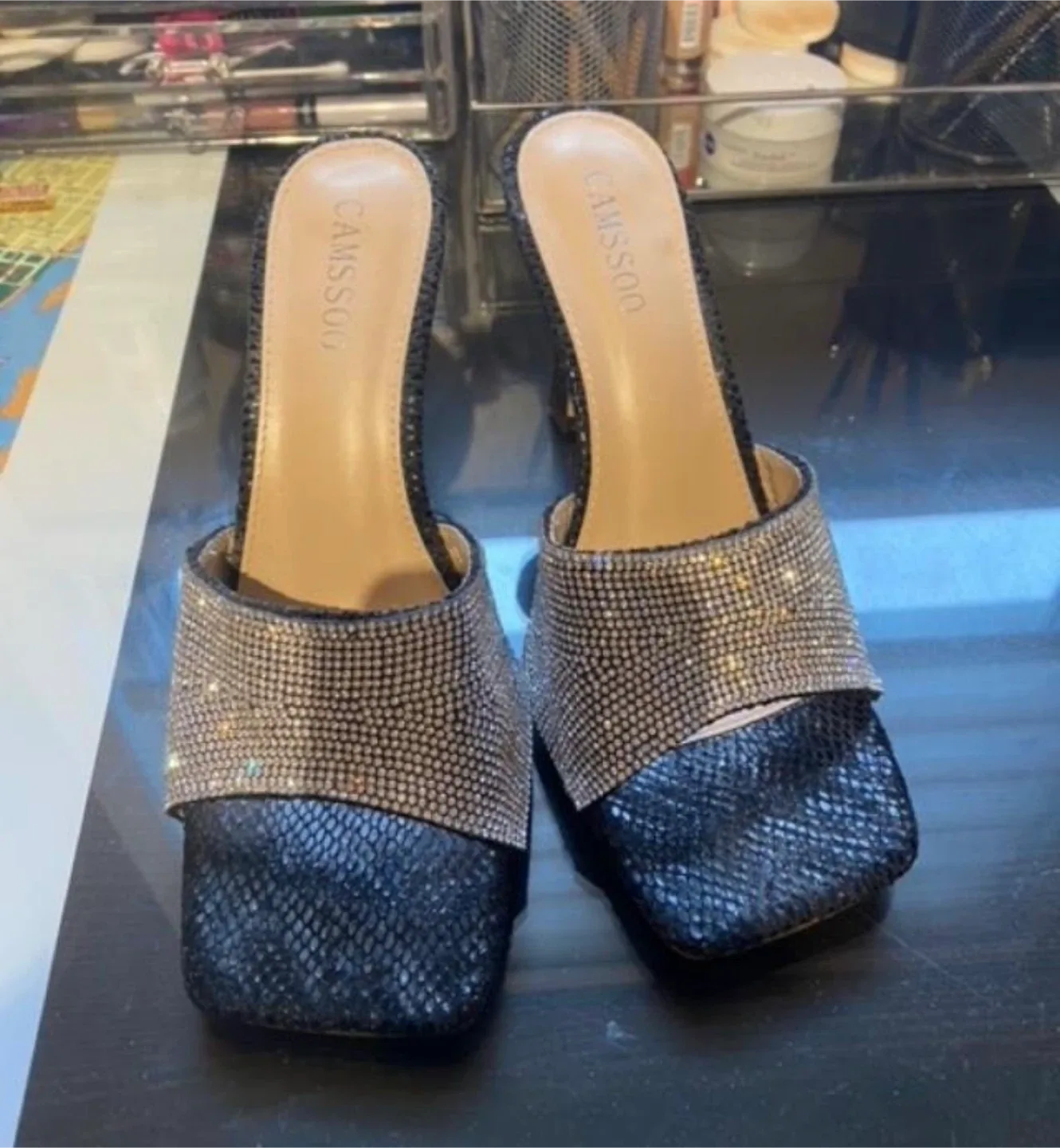 CAMSSOO Rhinestone Heeled Mules thumbnail