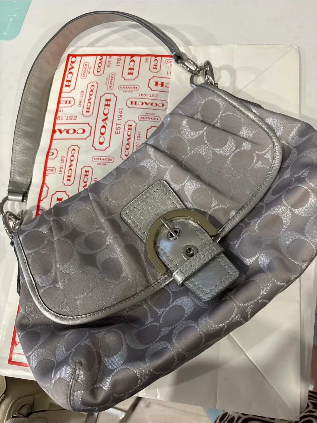 Brand New Coach Silver Signature Print Shoulder Bag image indicator(8)
