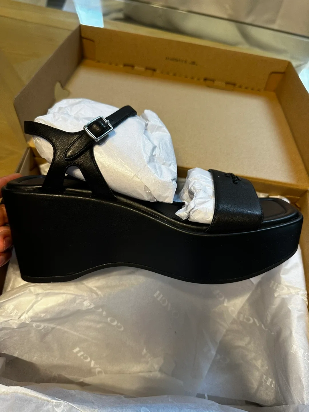Coach Black Leather Platform Wedge Sandals image indicator(4)