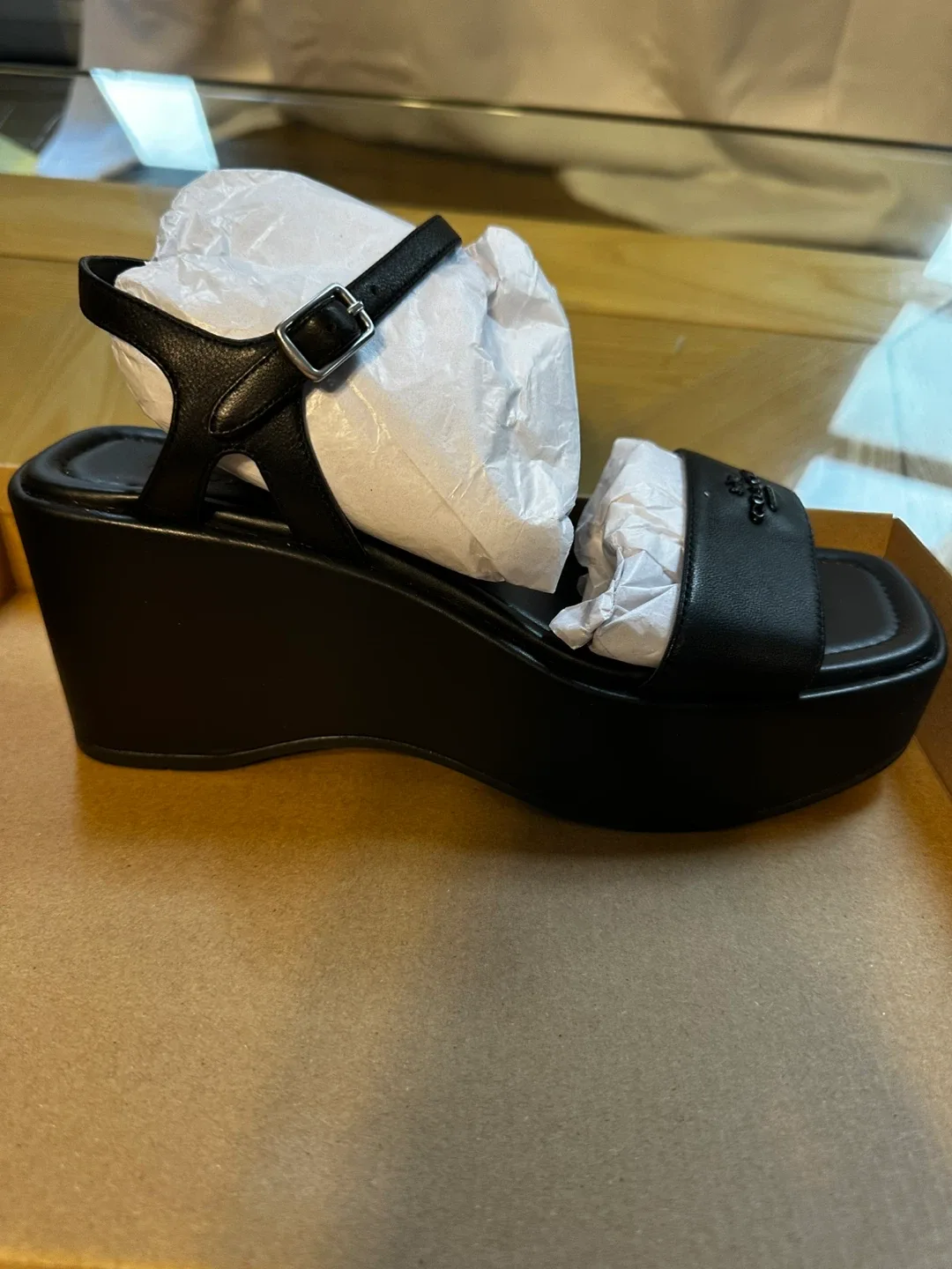 Coach Black Leather Platform Wedge Sandals image indicator(3)