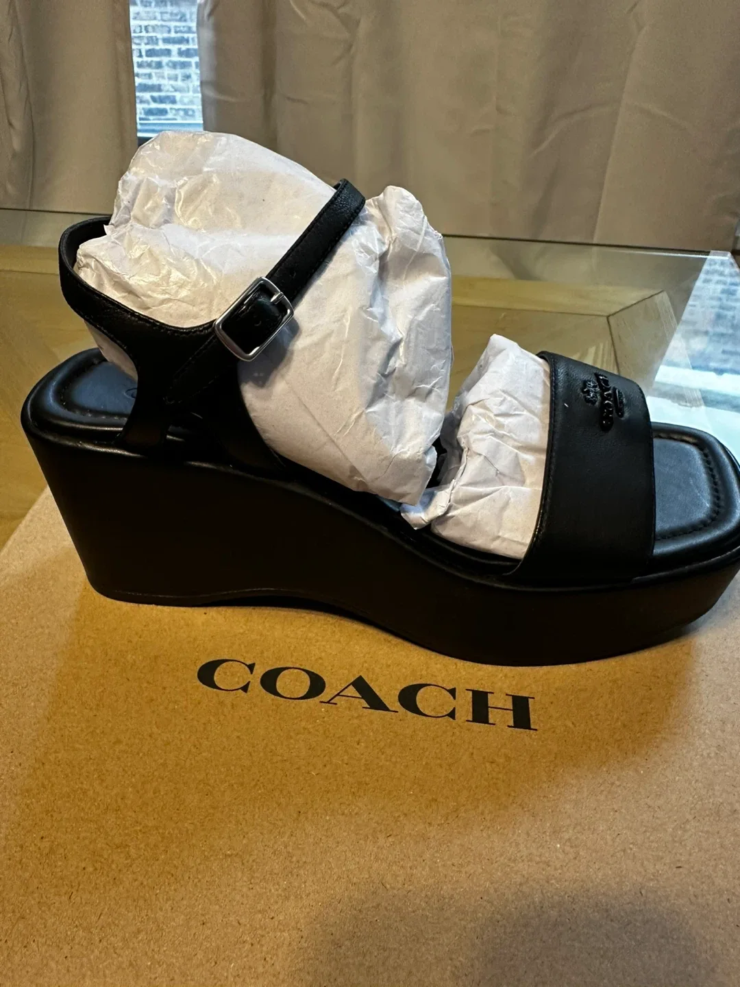 Coach Black Leather Platform Wedge Sandals image indicator(2)