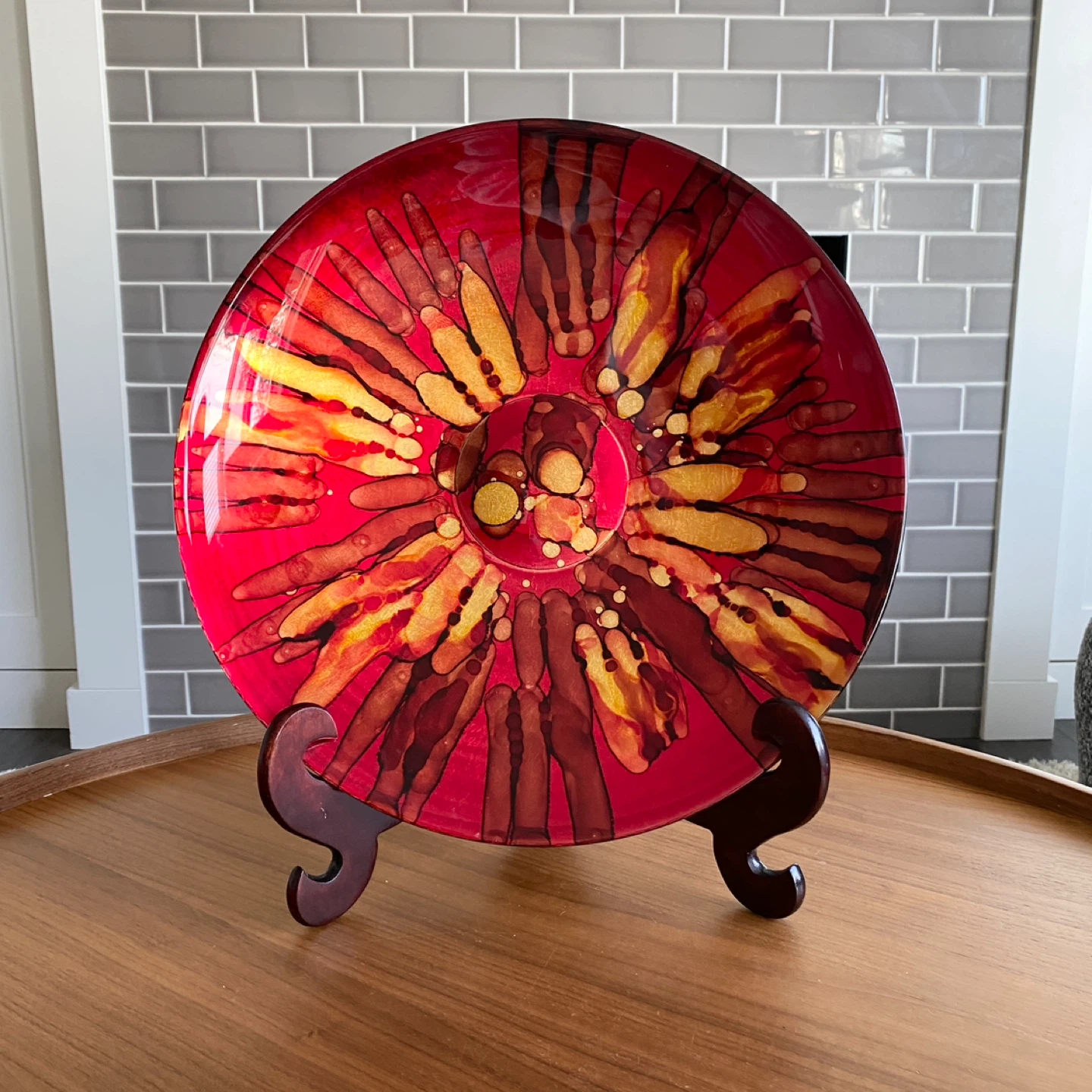 Large Decorative Red Glass Drip Art Plate and Stand 15.5”