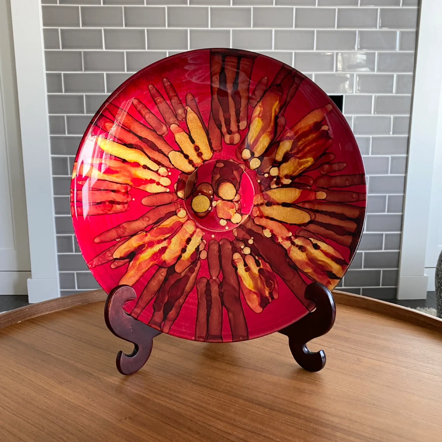 Large Decorative Red Glass Drip Art Plate and Stand 15.5” thumbnail