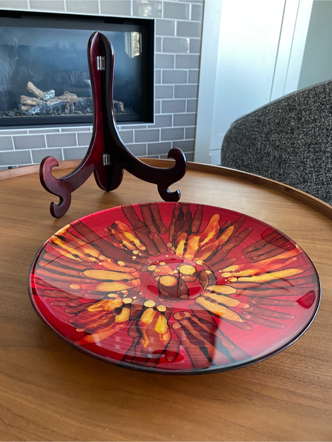 Large Decorative Red Glass Drip Art Plate and Stand 15.5” - photo 4