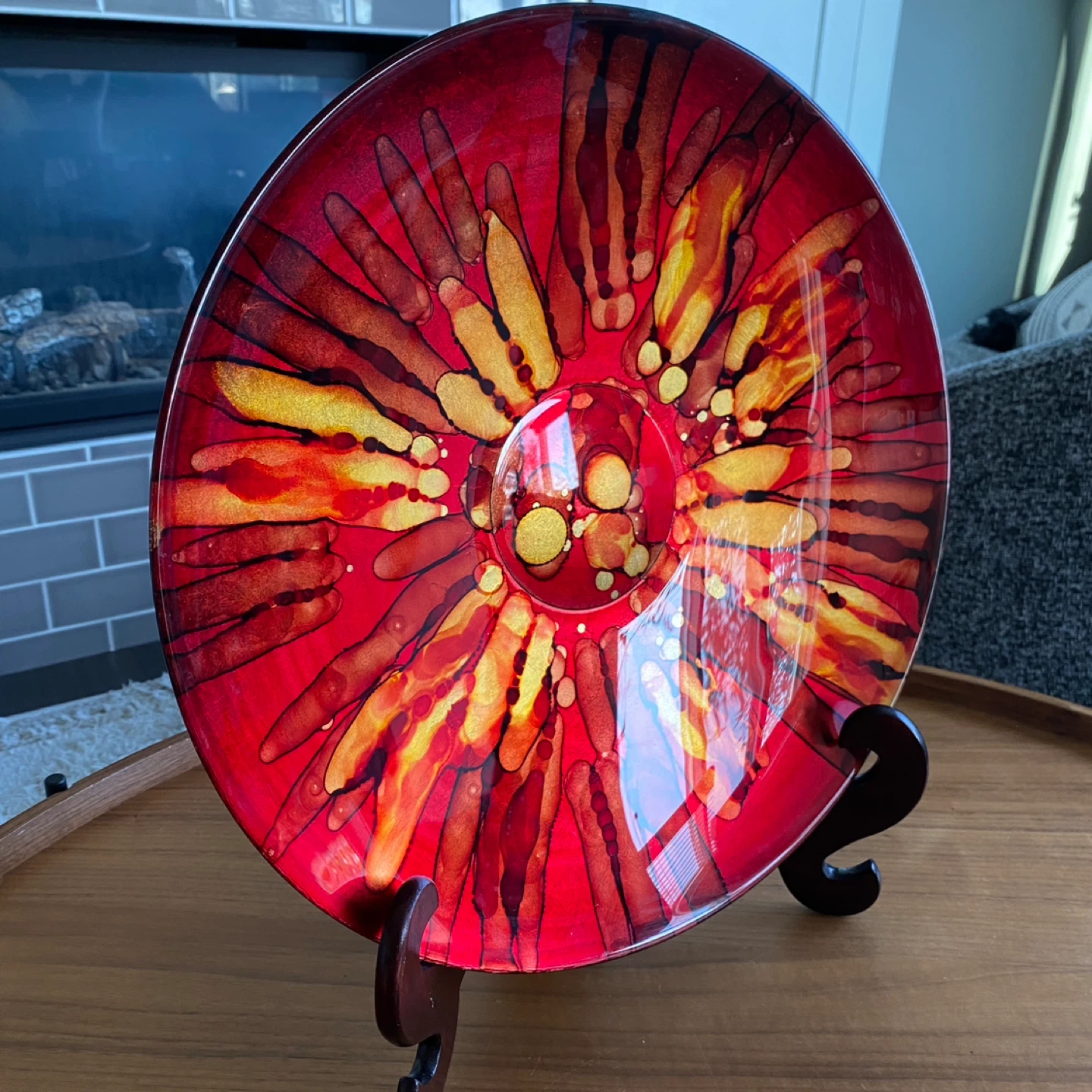Large Decorative Red Glass Drip Art Plate and Stand 15.5” - photo 2
