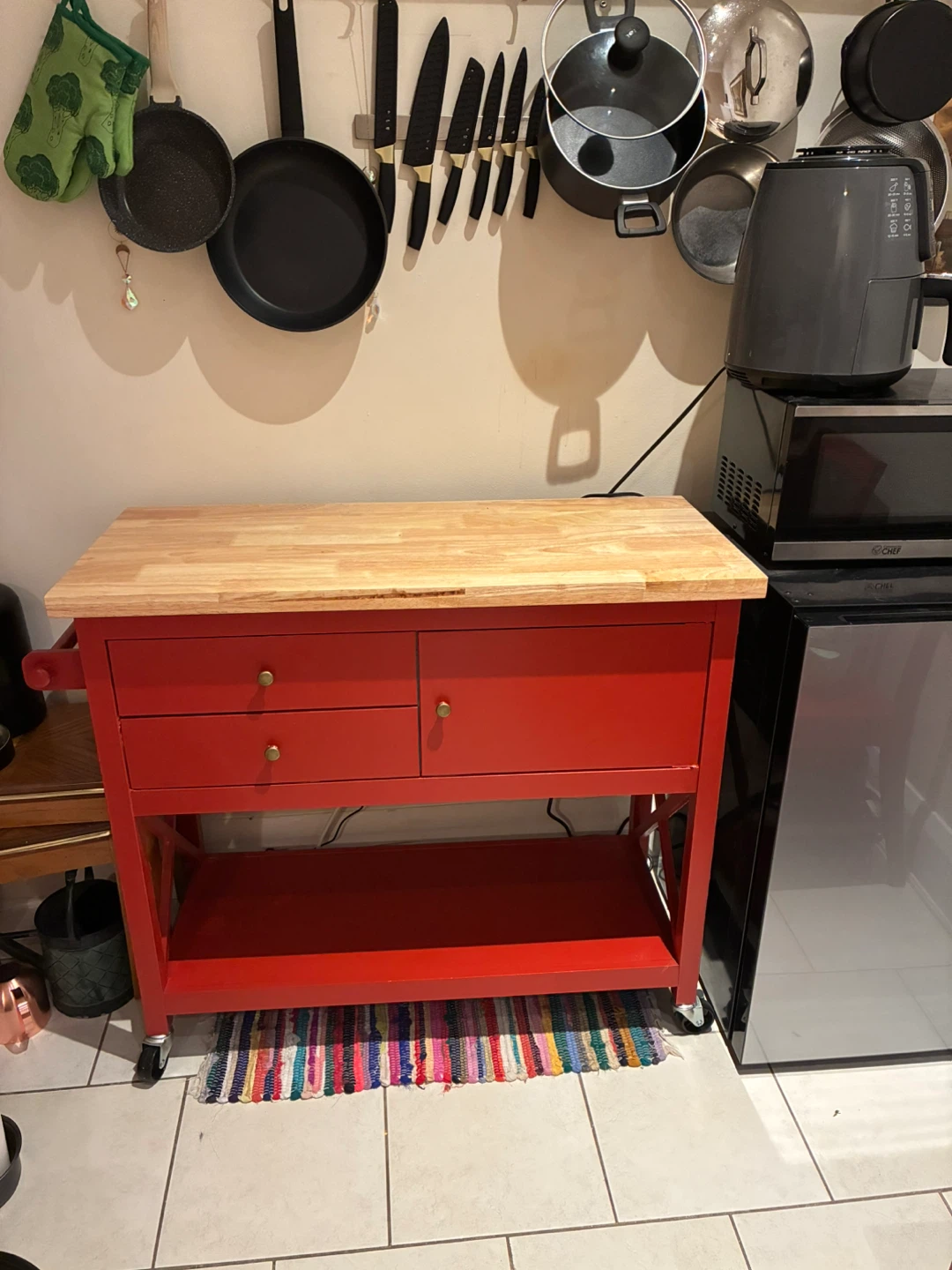 Red Kitchen Island Cart with Wood Top - photo 3