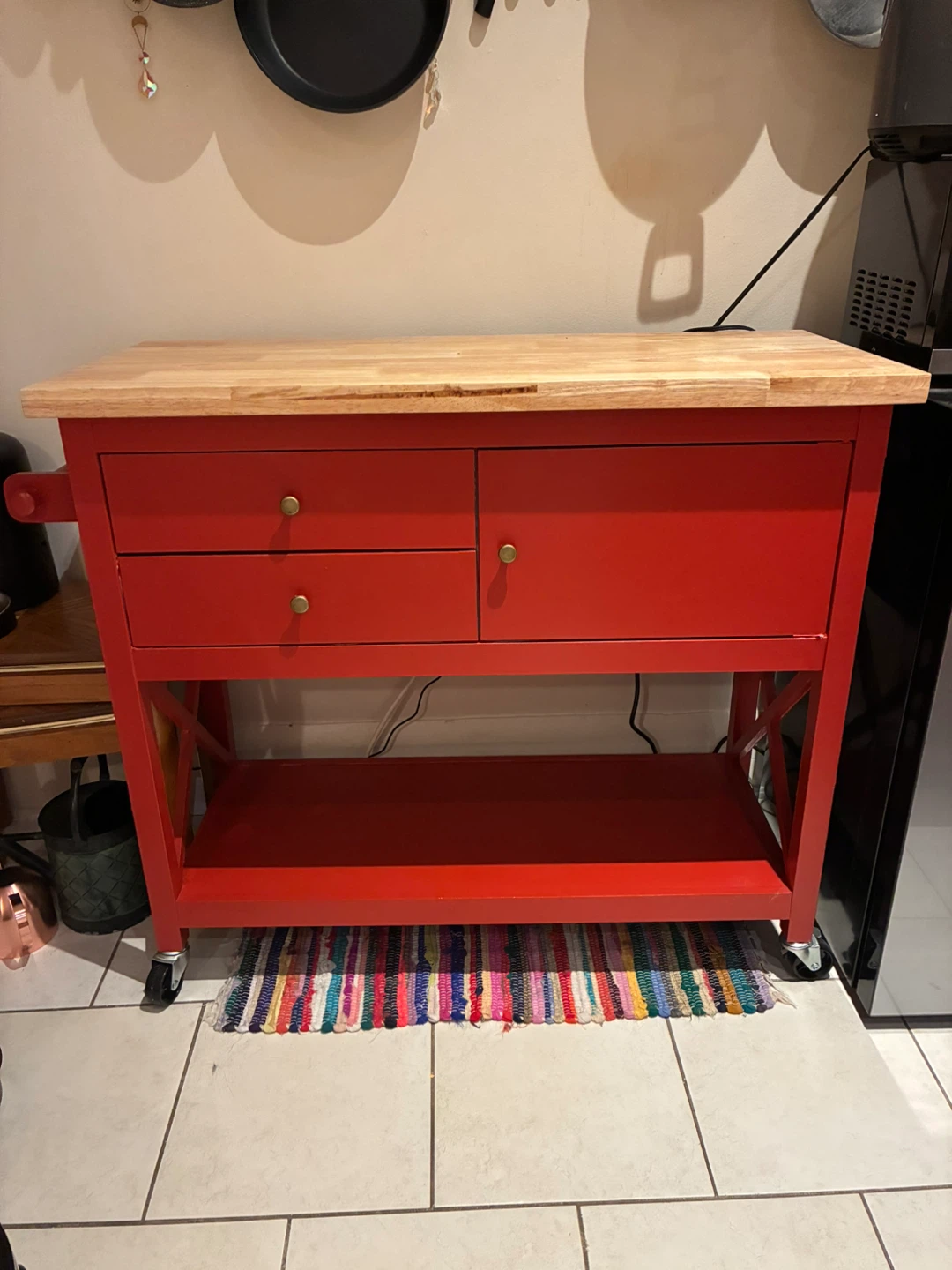 Red Kitchen Island Cart with Wood Top