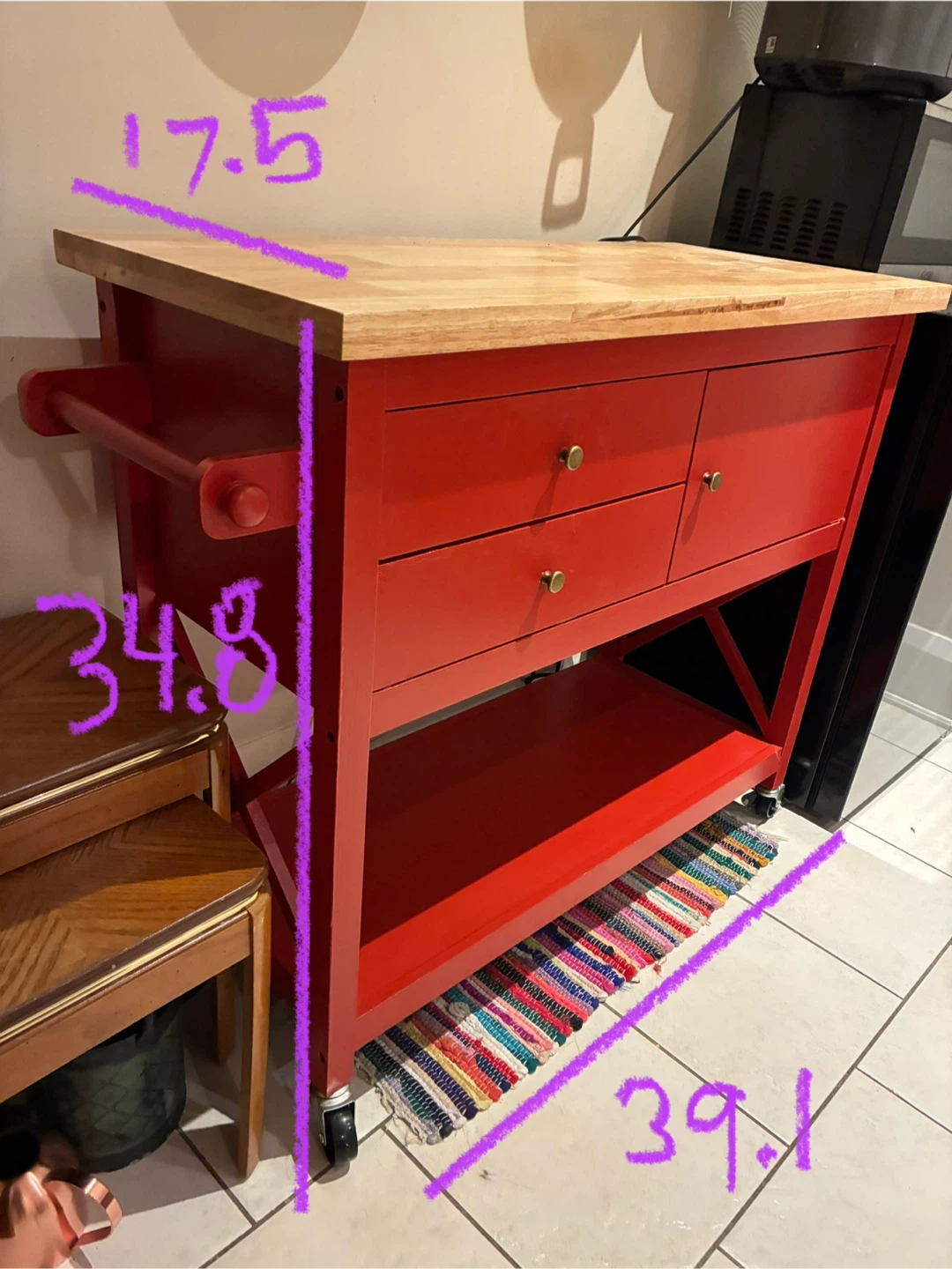 Red Kitchen Island Cart with Wood Top - photo 2