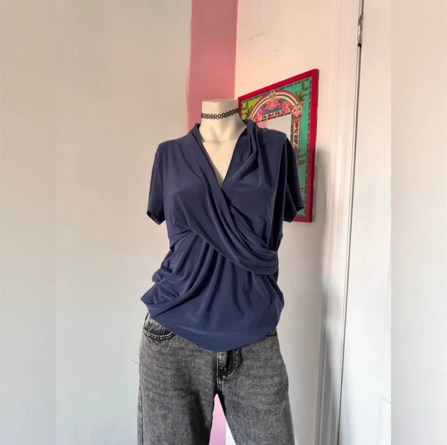 Blue DKNY top with draped front thumbnail