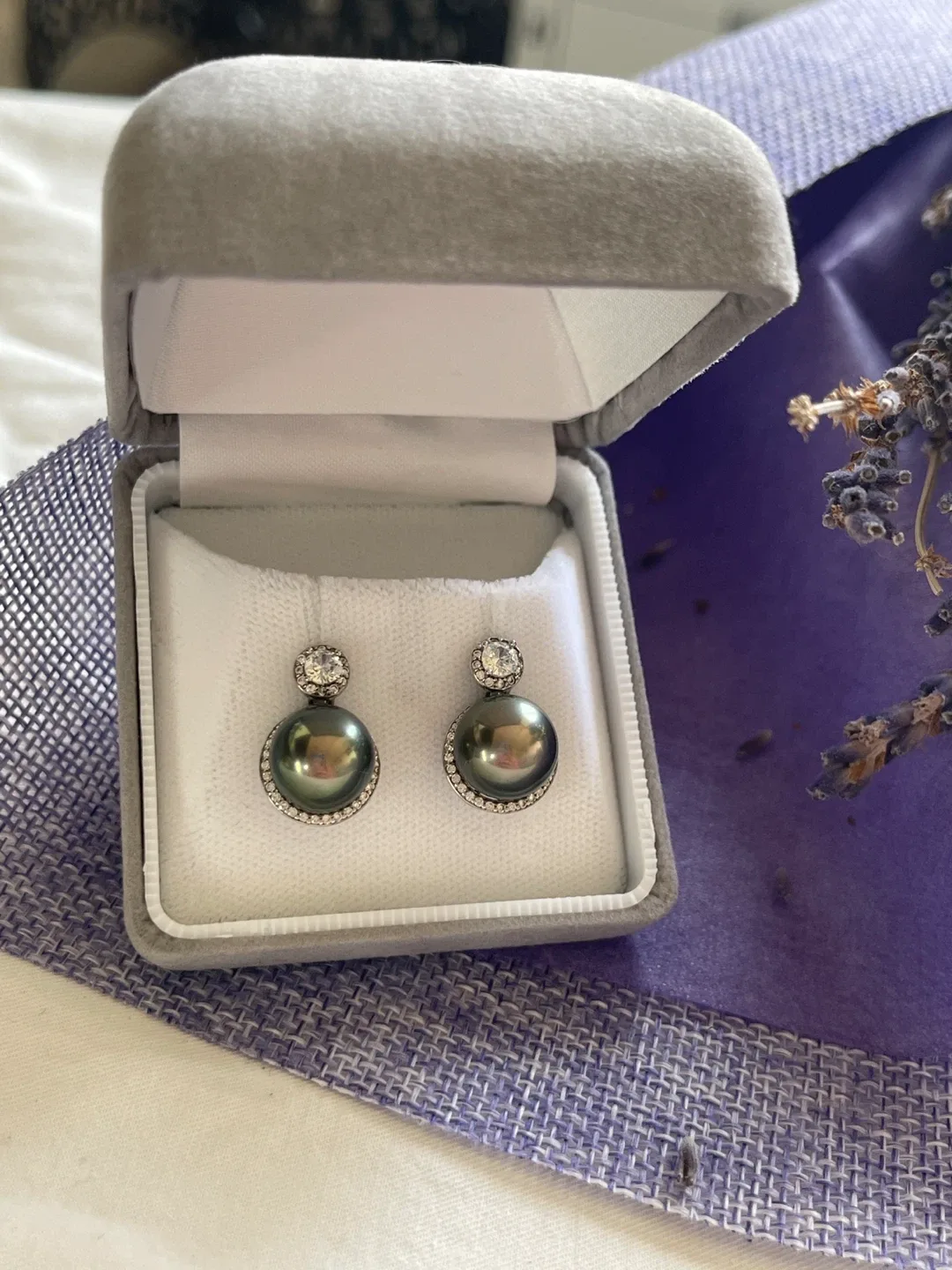 Silver Tahitian Pearl Drop Earrings with Cubic Zirconia image indicator(3)
