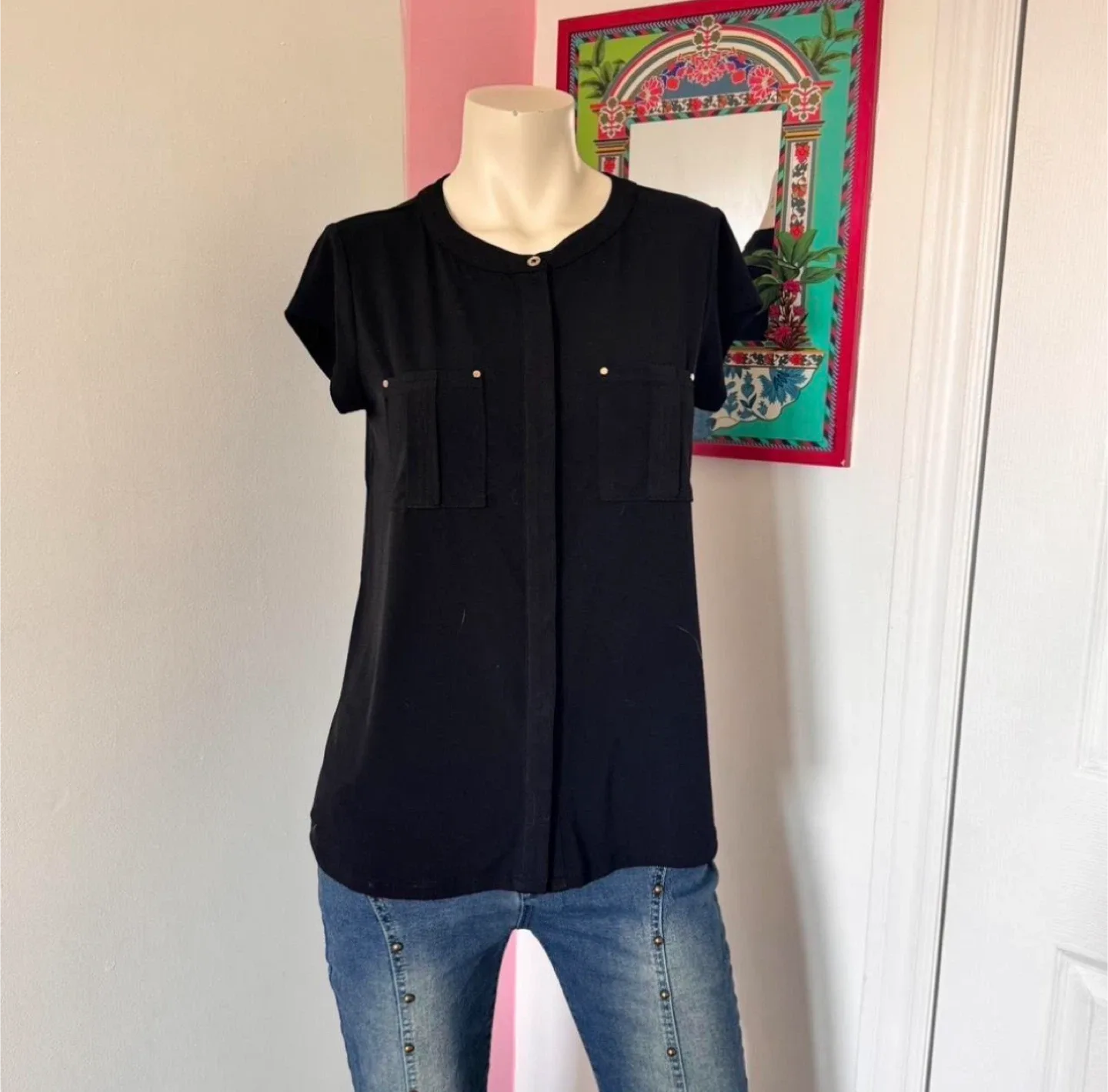 Dana Buchman black button-up dress with gold buttons thumbnail