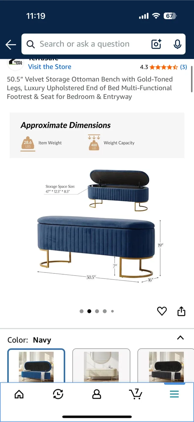 TerraSafe Velvet Storage Ottoman Bench - Navy image indicator(2)