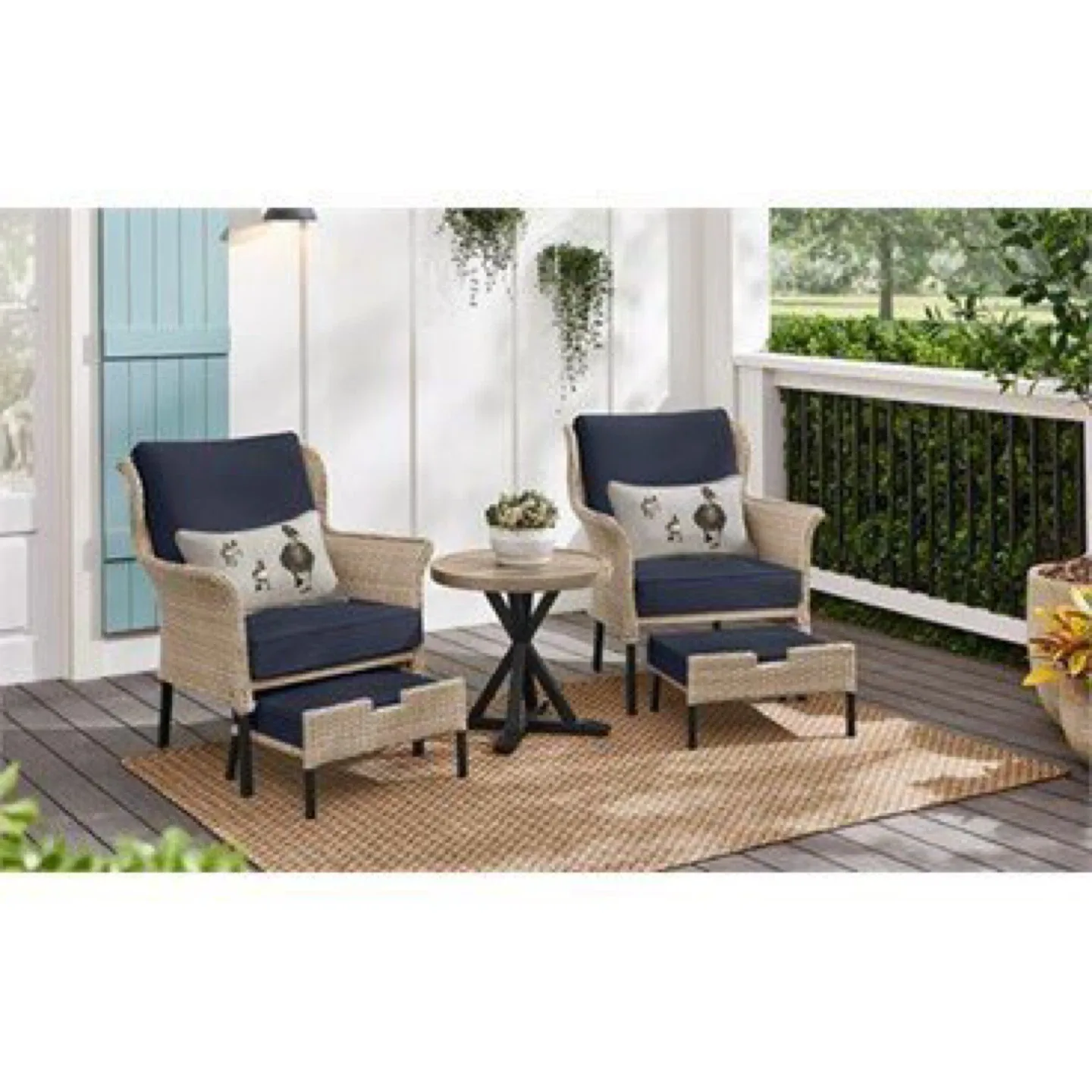 Wicker Patio Chair & Ottoman Set - Blue Cushions thumbnail