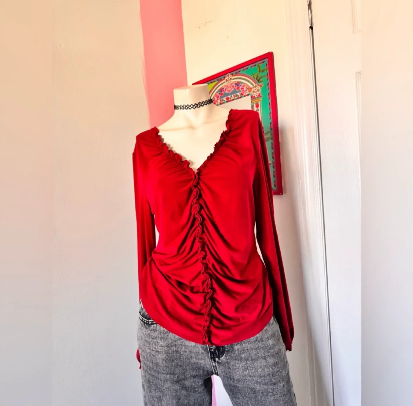 Express red ruffle top with long sleeves thumbnail